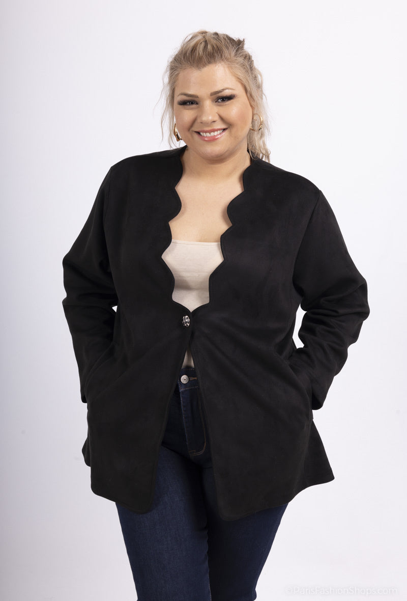 Plus Size Suede jacket with half-circle neckline