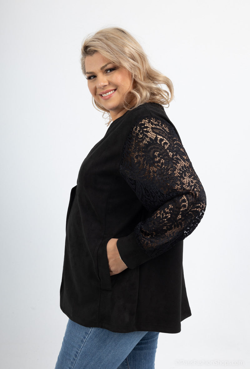 Plus Size Mocka Jacka med Spetsärmar
