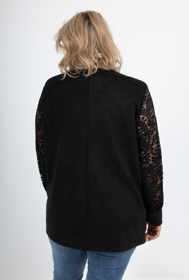 Plus Size Mocka Jacka med Spetsärmar