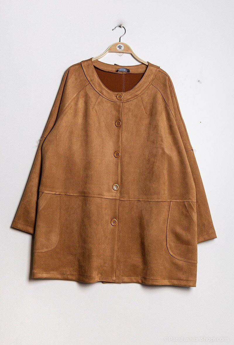 Plus Size Faux Suede Jacka med Sömmar
