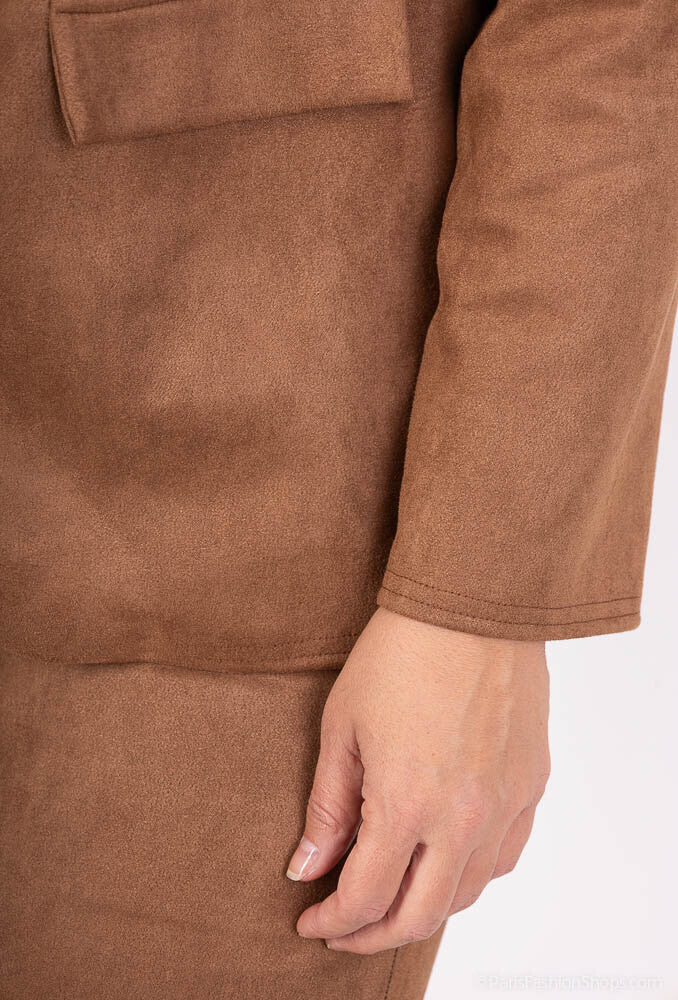 Plus Size Suede-effekt Kavaj med Falska Fickor