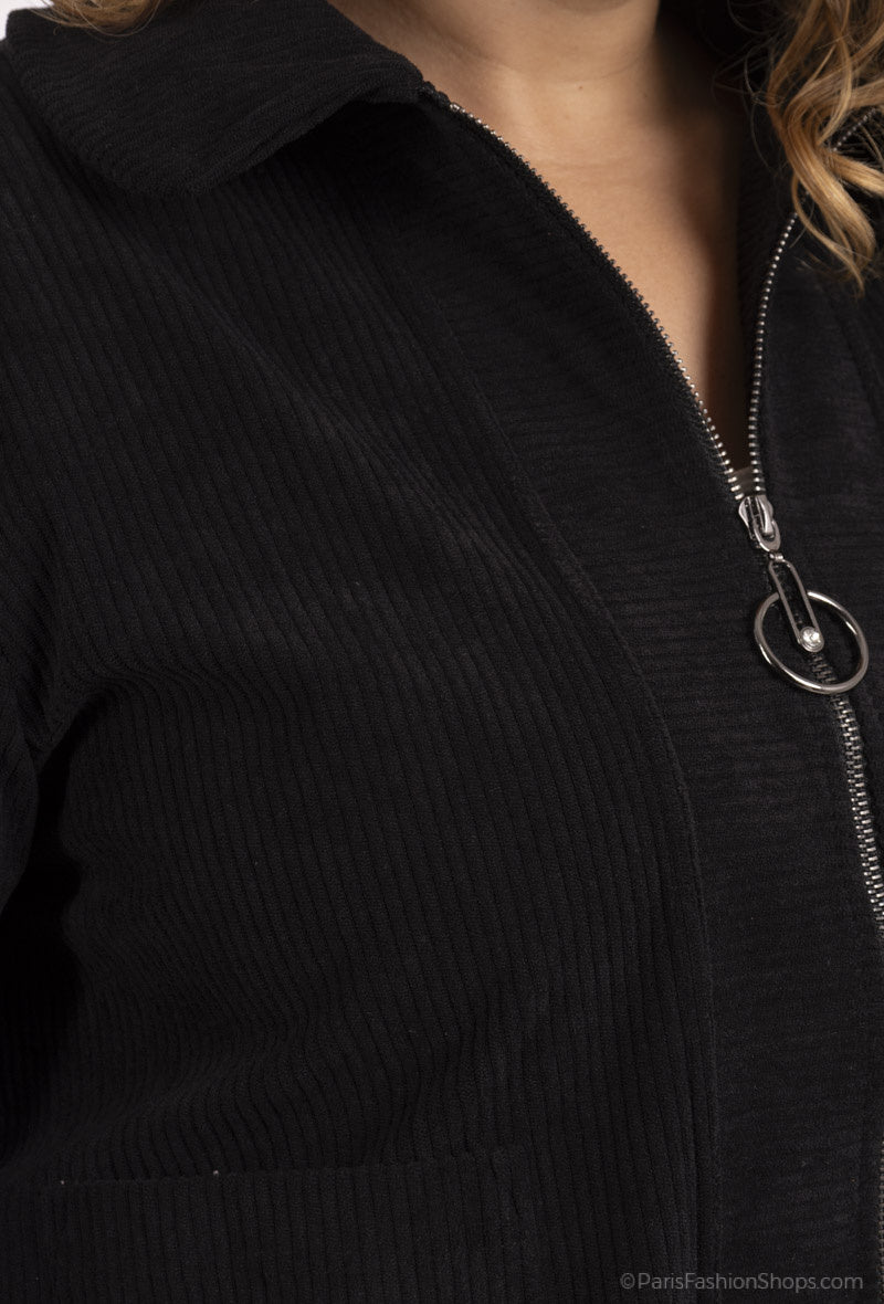 Plus Size Corduroy Jacka med Dragkedjefickor