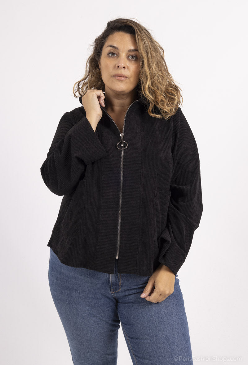 Plus Size Corduroy Jacka med Dragkedjefickor