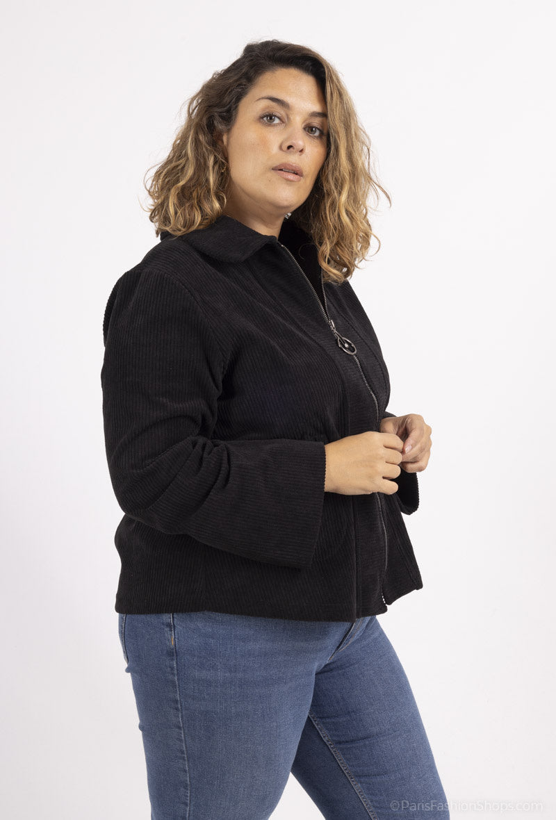Plus Size Corduroy Jacka med Dragkedjefickor